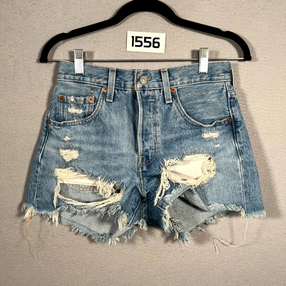 Levi's Premium Shorts Womens‎ 24 Blue Denim Distressed Frayed Hem Button Fly